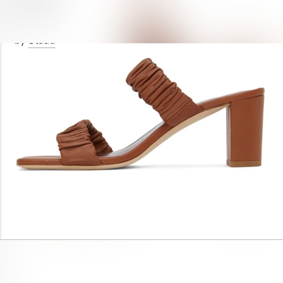 Staud Brown Frankie Ruched Sandals Heeled Block Heel Two Strap Preowned - Picture 10 of 10